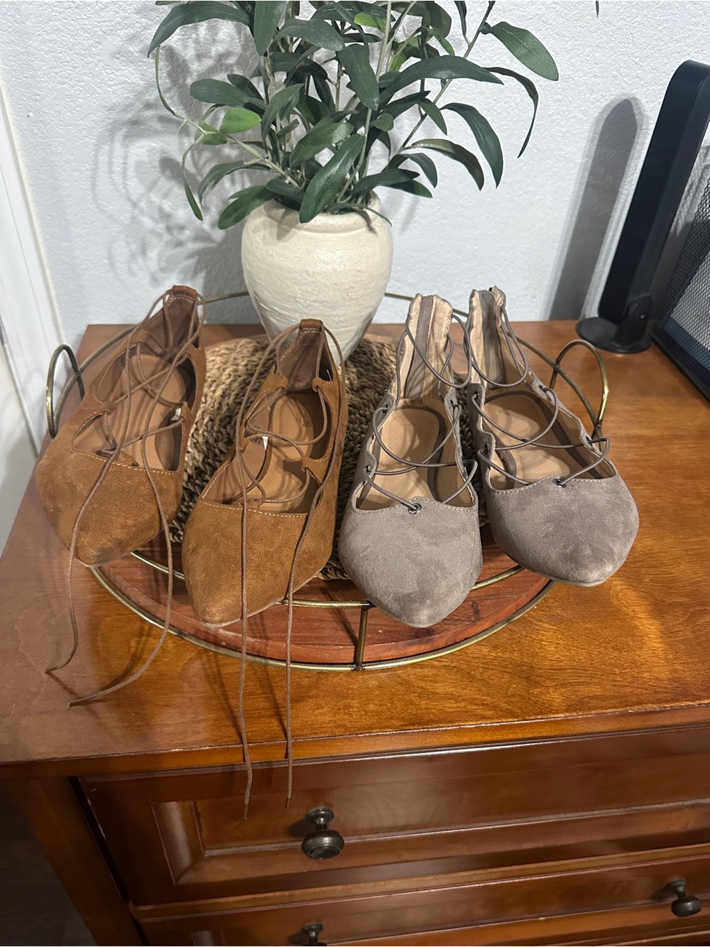 Mossimo Two Pair Lace-Up Suede Ballet Flats in Brown and Taupe(Grey)